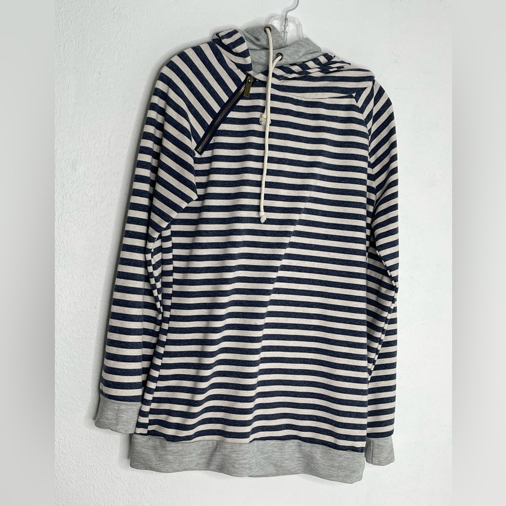 Ampersand Avenue Black and Vanilla Striped Double Hooded Sweatshirt XL